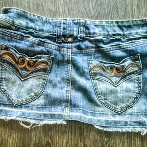 Blue Asphalt Denim Mini Skirt with Embroidered Pockets